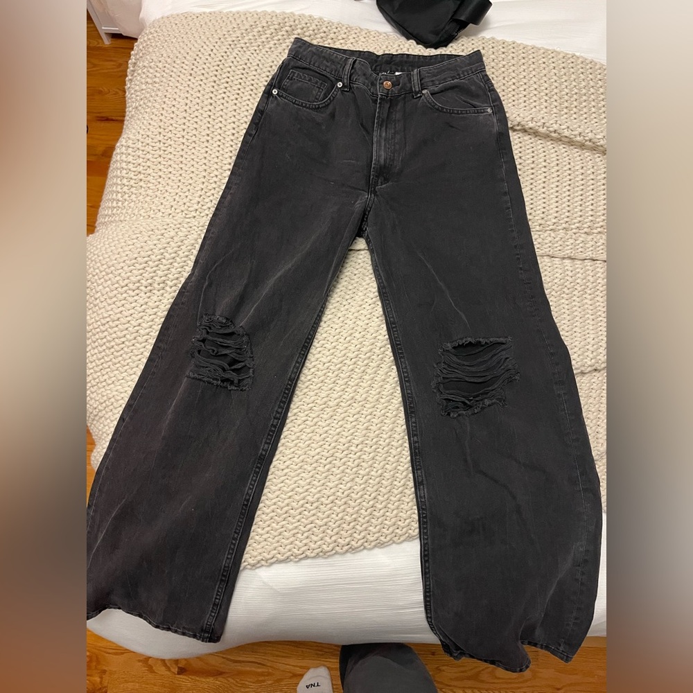 H&M Wide Leg Black Distressed Denim